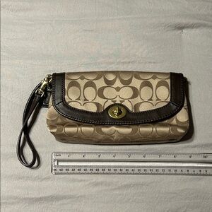 Coach Signature Beige and Dark Brown Wristlet